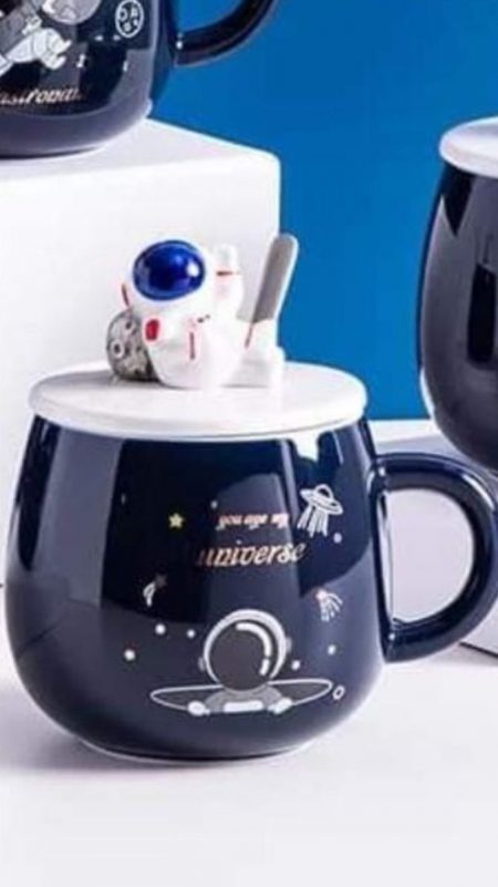 Taza Ceramica Para Café Astronauta Con Cuchara Y Tapa_2