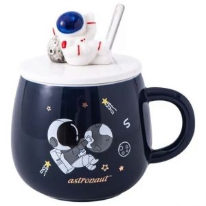 Taza Ceramica Para Café Astronauta Con Cuchara Y Tapa_0