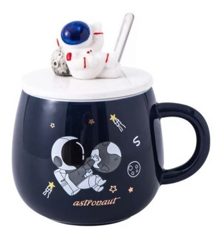 Taza Ceramica Para Café Astronauta Con Cuchara Y Tapa_0