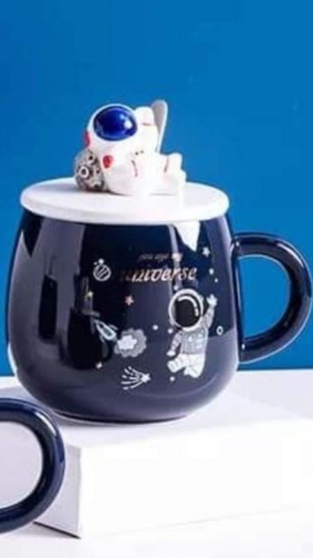 Taza Ceramica Para Café Astronauta Con Cuchara Y Tapa_3